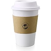 KTOB [50 pack] 16 oz Compostable Coffee Cups with Lids and Kraft Sleeves, Eco Friendly Disposable White Paper Cups Combo for Hot Beverage