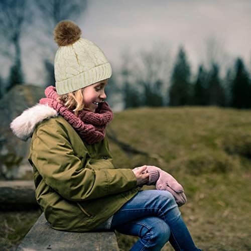 Whiteleopard Kid Beanie Hats Lining Pom Pom for Children -Slouchy Cable Knit Toddler Skull Hat Baby Ski Cap for Girls Boys (White) - Thumbnail 6