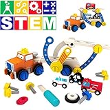 Tiny Land Car for Boy 3+ Years Old Toddler Tool Set- 55 Pcs STEM Toy Wooden Building Set with Screwdriver and Wrench - Rescue Trailer Plus Fire Truck, Police Car & Ambulance
