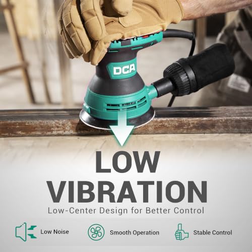 DCA Random Orbital Sander, 300W Electric Sander for Wood, 125mm 12000 OPM | Hand Sander with Dust Collector, 6 Variable Speeds, 10 Pcs Sandpapers for Woodworking Sanding DIY Polishing Home Improvements