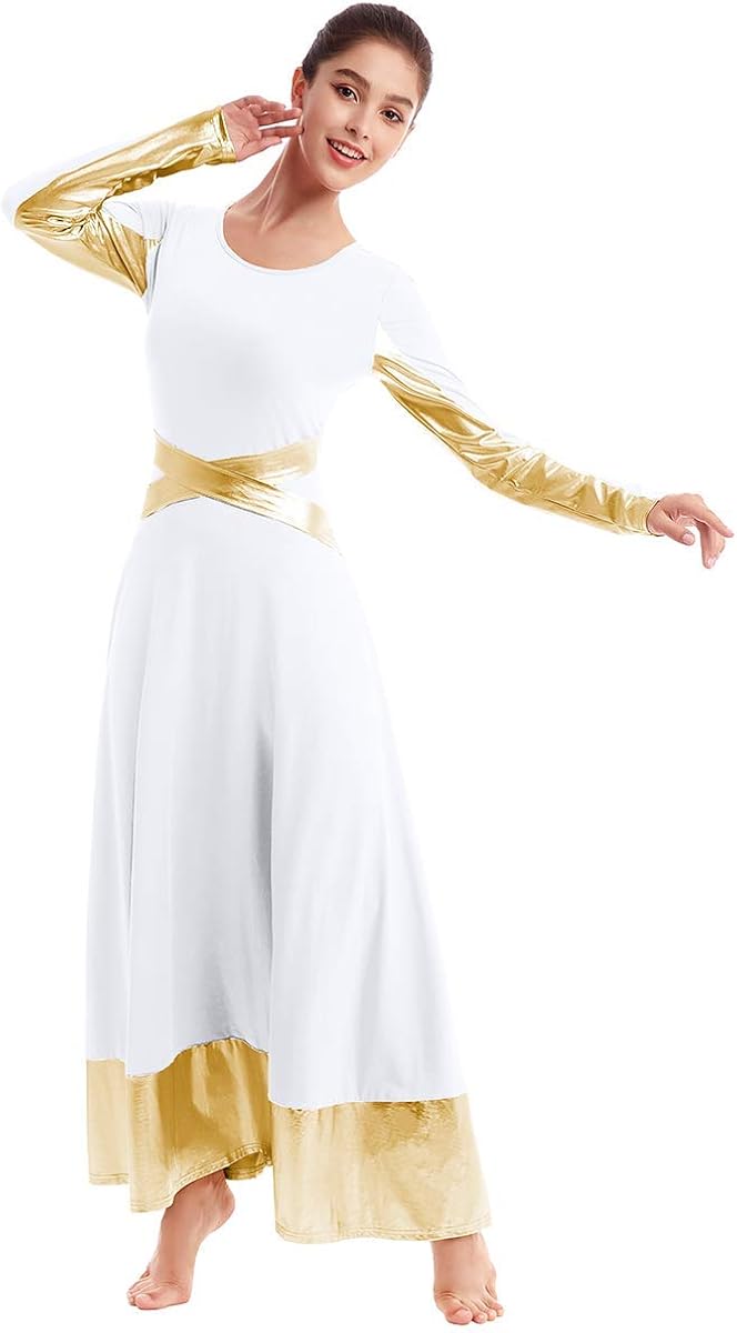 Metallic Gold Color Block Praise Liturgical Lyrical Dancewear for Womens Cross Dance Loose Full Dress Long Sleeve Costume: Clothing