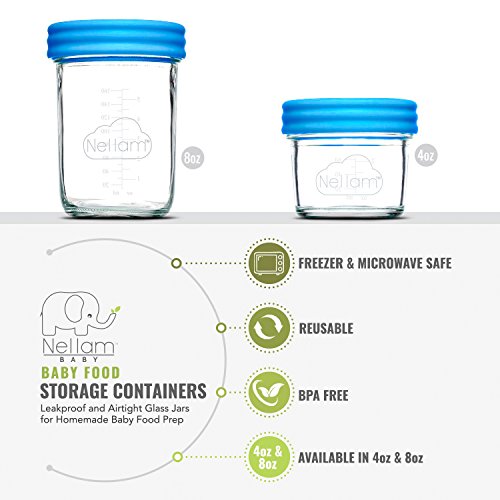 Nellam Baby Food Storage Containers - Leakproof, Airtight, Glass Jars for Freezing & Homemade Babyfood Prep - Reusable, BPA Free, 6 x 4oz Set, that is Microwave & Dishwasher Safe
