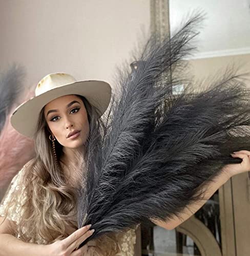 VOULUX Extra Large Tall Black Fake Faux Artificial Pampas Grass Large Fluffy x3 115cm Stems x18 Decorative Artificial Flora Feathers For Floor Vases Tall Black Plant Flowers Long Pampas Grass