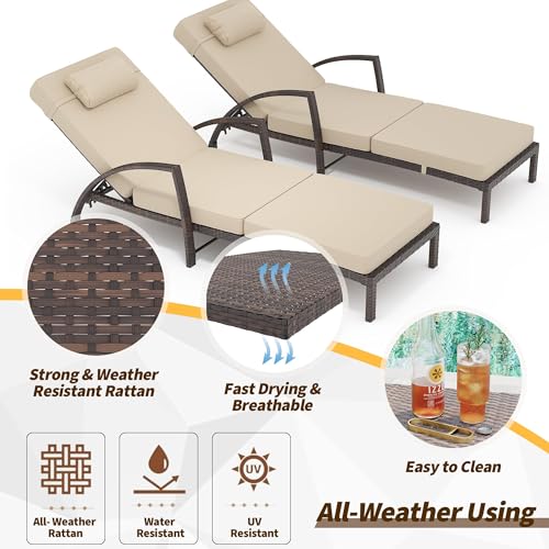 EliteEdge Outdoor Chaise Lounge Set of 2, Patio Rattan Chaise Lounge Chair with Cushions, 5-Position Adjustable Backrest Sun Lounger for Poolside, Garden, Backyard, Brown Rattan