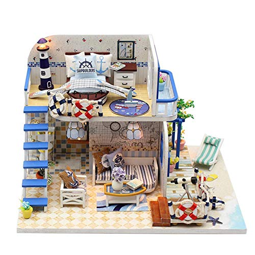 Occitop Handicraft DIY Toy Light Blue Beach Assembly Building Model House+Cover