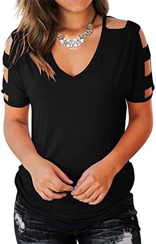 Women's Short Sleeve Cut Out Cold Shoulder Tops Deep V Neck T Shirts