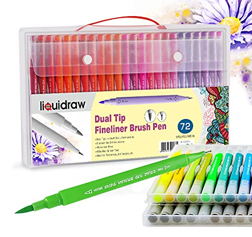 Liquidraw Dual Tip Brush Pens Fineliner Colouring Set Fineliners Coloured Watercolour Markers In Case For Adult Colouring Books, Sketching, Painting, Calligraphy, Drawing & Lettering (72)