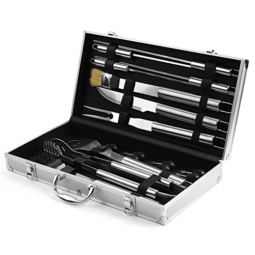 Flexzion BBQ Grilling Accessories Tools Set with Aluminum Storage Case Organizer Box - Skewers Knife Tong Spatula Corn Holder 18 Piece Kit Utensil for Indoor Outdoor Cooking Charcoal Barbecue