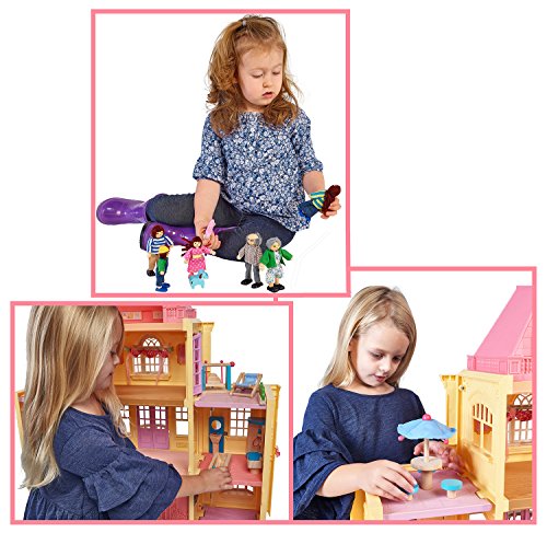Dragon Drew Wooden Dollhouse Furniture and Family Bundle: Including 1 Doll Family with Dog, 1 Patio Set and 1 Bathroom Set - Colorful Dollhouse Accessories Set - (20 PCS)