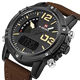 Tonnier Genuine Leather Brown Band Analog Digital LED Dual Time Display Alloy Matte Watchcase Mens Watch