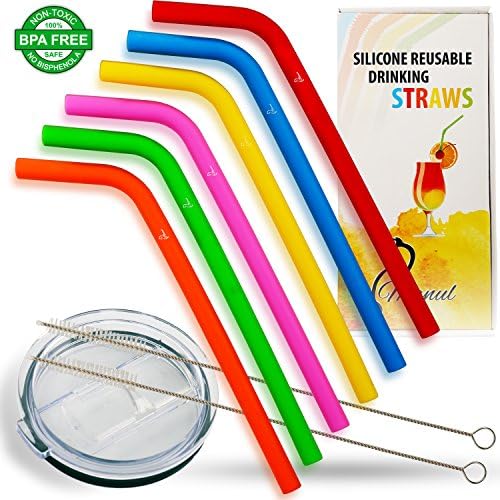 Manul Reusable Silicone Drinking Straws – Best Protection for Teeth, for Smoothies&amp;Shakes – BPS&amp;BPA Free, For Kids&amp;Adults - Includes 2 Cleaning Brushes&amp;Lid for 30 oz Tumbler, Multicolor Set of 6
