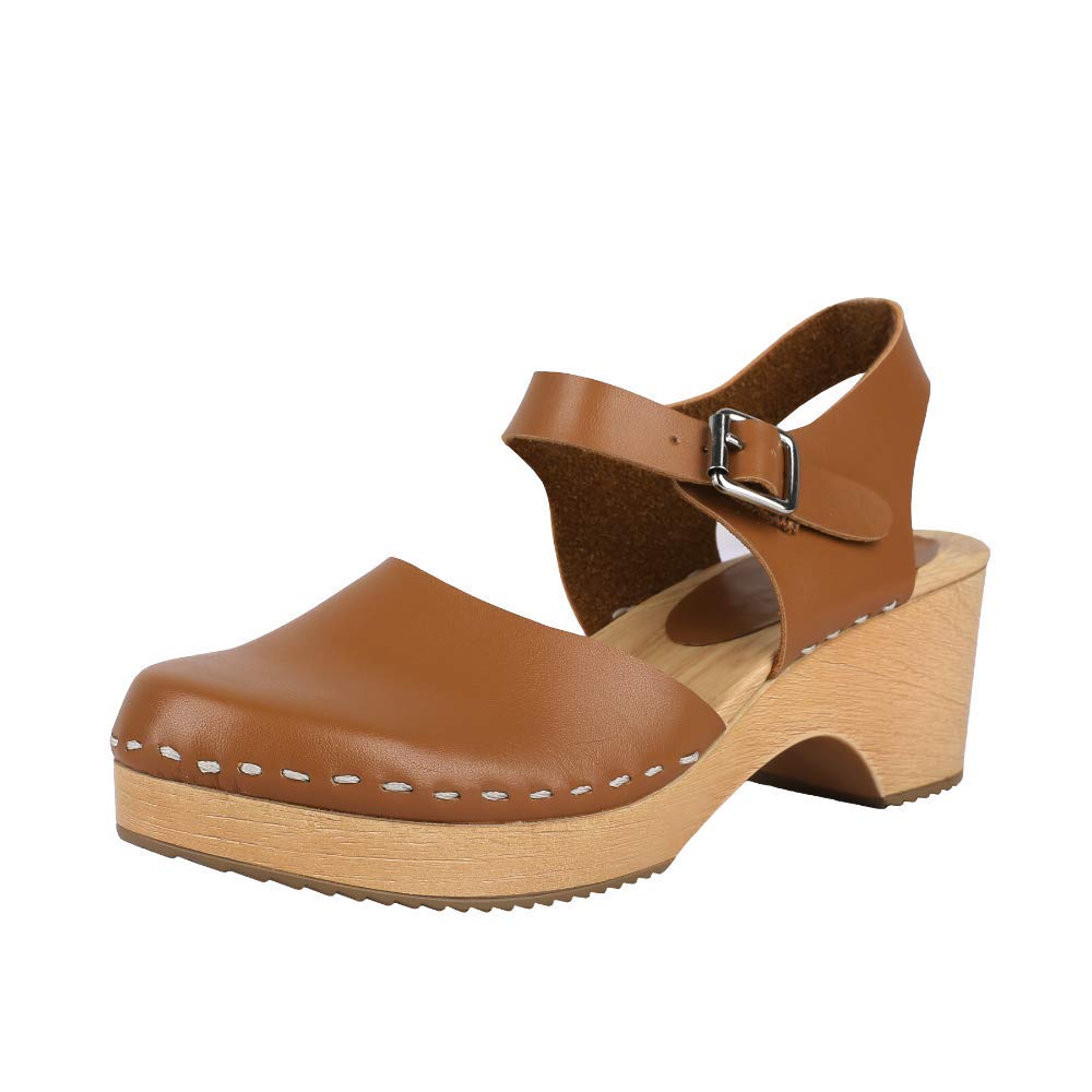 LAICIGO Women’s Wood Clog Heeled Sandals Chunky Closed Toe Ankle Strap Buckle Slingback Studded Booties (9 M US, 1-Brown…