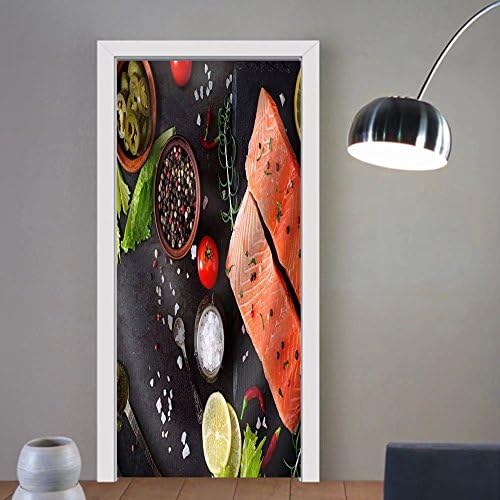 Niasjnfu Chen custom made 3d door stickers Raw Salmon Fillet and Ingredients for Cooking on a Dark Background in a Rustic Style. Top View Fabric Home Decor For Room Decor 30x79
