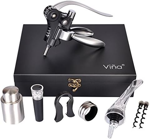 Rabbit Wine Opener Set, 8 Pieces Wine Corkscrew Kit with Wine Aerator Pourer and Vacuum Stoppers, Foil Cutter, Drip Ring &amp; 2 Teflon Spirals In A Luxury Black Wooden Box, Best Wine Gift by Vina