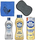 Bar Keepers Friend Cleanser Trio - Mega Bundle (21 Oz Cleanser & Polish Powder | 26 Oz Liquid Soft Cleanser | 13 Oz Cooktop Cleaner) Plus 1 FoxtrotTM Microfiber Towel & 1 Microfiber Scrubber Sponge