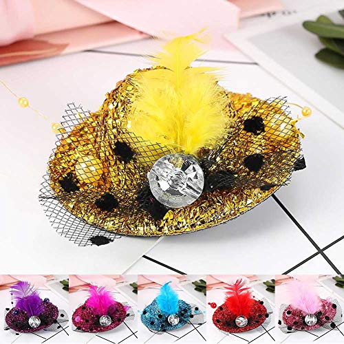 12 Pieces Mini Hat Hair Clip Shining Fascinator Party Hats with Faux Feather Mesh Bow Hairpin for Girls Toddler Costume Accessory, 6 Colors