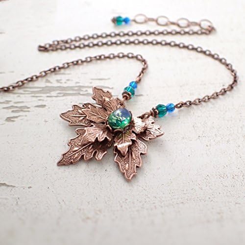Antiqued Copper-Colored Maple Leaf Necklace with Blue and Green Swarovski Crystals