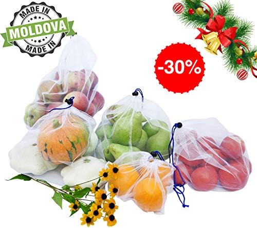 Premium Reusable Mesh Produce Bags by Robeen| Eco Friendly Grocery Shopping & Storage Bags for Fruit, Vegetables, Toys | Machine Washable | Set of 5