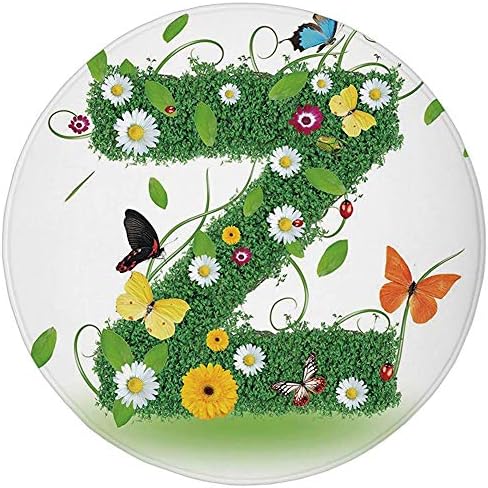 Round Rug Mat Carpet,Letter Z,Fresh Summer Garden Flower Bed and Cute Butterflies Colorful Wings Leaves Decorative,Green Multicolor,Flannel Microfiber Non-slip Soft Absorbent,for Kitchen Floor Bathroo