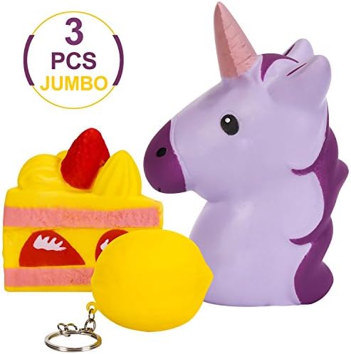 Unicorn Squishy, Strawberry Cake Slice, Lemon 3 Pack | Jumbo Squishies Slow Rising Package | Gifts For Kids &amp; Adults