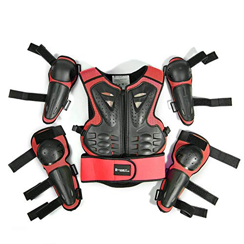 DragonPad 5Pcs/Suit Motorcycle Protective Gear Children's Protective Suit Sports Full Body Armor Chest Clothing Riding Knee Pads Elbow Applicable for 5-13 Years Old red