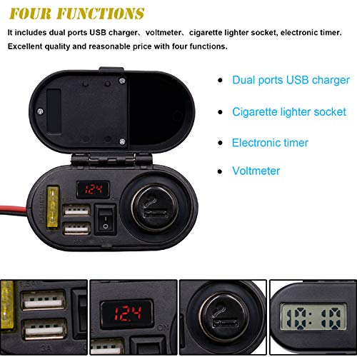 BlueFire 5V/3A Dual USB Charger Socket Waterproof Motorcycle Handlebar & Rear View Mirror Clamp Power Adapter Charger with Cigarette Lighter Socket, Clock and Voltmeter for Phones/Tablets/GPS