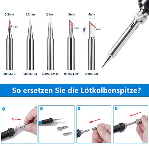 Lötkolben, SREMTCH 60W/220V Lötkolben Set mit Einstellbarer Temperatur knob 200-450°C und EIN/AUS-Schalter, 100g Lötzinn, 5 Lötspitzen, Entlötpumpe, Löten Ständer mit Schwamm, PU Bag für Reparaturen – Bild 7
