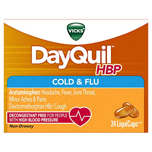 Vicks DayQuil, High Blood Pressure Cold & Flu Medicine, Relieves Headache, Fever, Sore Throat, Minor Aches & Pains, 24 Count, LiquiCaps (Best Cough Medicine For High Blood Pressure)