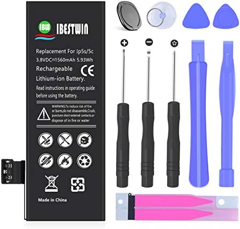 IBESTWIN Replacement Battery for iPhone 5S/5C with Repair Tool Kits, Adhesive Strip and Instruction, 1560mAh 0 Cycle - 24 Month Warranty (Not for iPhone 5)