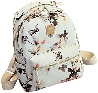 Women Casual Adjustable Shoulder Strap Butterfly Pattern Pu Leather Backpack Bags, White