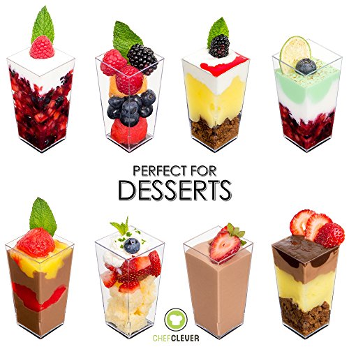 DLux 50 x 3 oz Mini Dessert Cups with Spoons, Square Tall Clear