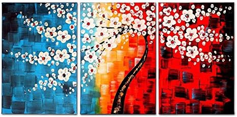 VASTING ART 3 Panel Oil Paintings Framed Canvas Wall Art, Hand Painted Modern Abtract Art Painting White Pear Flowers Ready to Hang for Bedroom Living Room Wall Decor