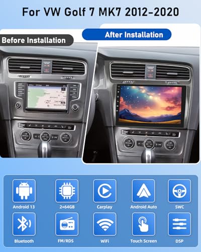 NHOPEEW 2G+64G Android Car Radio for VW Golf 7 MK7 2012-2020 – Wireless Carplay and Android Auto – 10.1 Inch Android Stereo with WiFi EQ GPS Mirror Link FM RDS + Rear Camera