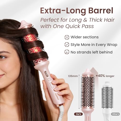 GLAMUP Beauty Real Infrared Thermal Brush, Infrared Heat for Less Damage & More Shine, Extra-Long Barrel for Long Hair, Creates Soft Waves, Volume & Face-Framing Flicks, Pink