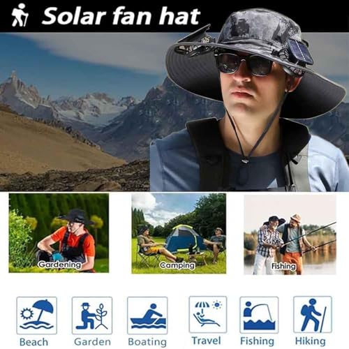 Solar Fan Sun Hat for Men Wide Brim Hat Outdoor Sun Cap with 2 Solar Fan Fishing Hat, UPF 50+, Removable & USB Charging