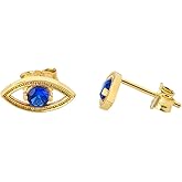 Elegant 14k Yellow Gold Egyptian Evil Eye Blue CZ Stud Earrings