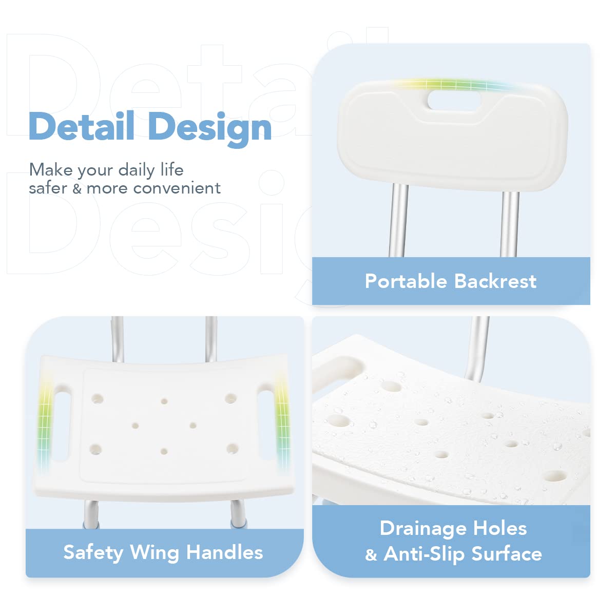 OasisSpace Bathtub Adjustable Shower Chair, Bath Stool with Removable Back 300lbs - Tool Free Anti-Slip Bench Bathtub Stool for Elderly, Senior, Handicap & Disabled
