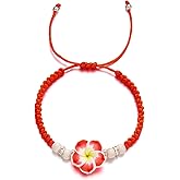 Pingyongchang Cute Hawaiian Plumeria Rubra Clay Bracelet Bohemian Flower Handmade Braided Adjustable String Rope Bracelet for Women Summer Beach Holiday Vacation Party Jewelry Gift