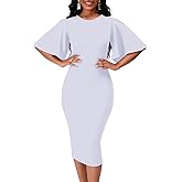 WanMem Womens Basic Bodycon Ruffle Flared Short Sleeve Pencil Midi Dress