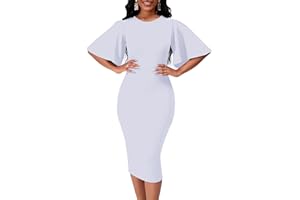 WanMem Womens Basic Bodycon Ruffle Flared Short Sleeve Pencil Midi Dress