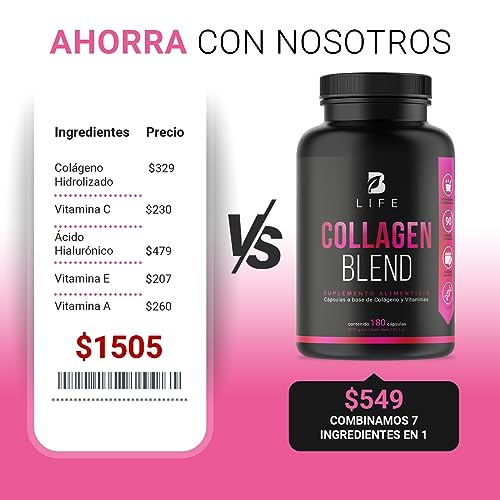 Péptidos de Colágeno Hidrolizado 200 Cápsulas | Potenciado con Biotina y Vitamina C para Piel, Cabello y Uñas | Collagen Blend B Life.