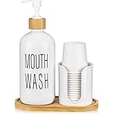 Glass Mouthwash Dispenser with Cup Holder - 16 oz Pump Bottle White Mouthwash Container for Bathroom - 14 Mouthwash Cups,Bamboo Tray and Funnel Included