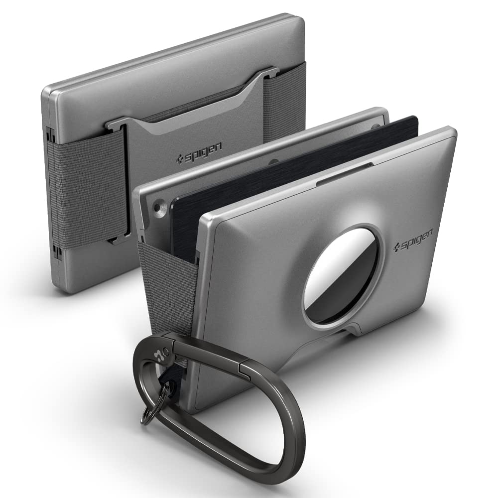 Spigen Wallet S Compatible with Airtag Wallet Card Holder Case Cover with Key Ring, Carabiner RFID Blocking Wallet Slim Minimalist Credit Card Holder for Men and Women - Gunmetal, Gunmetal (w/ Metal Plate + Key Ring), with Key Ring (Gunmetal), Minimalist