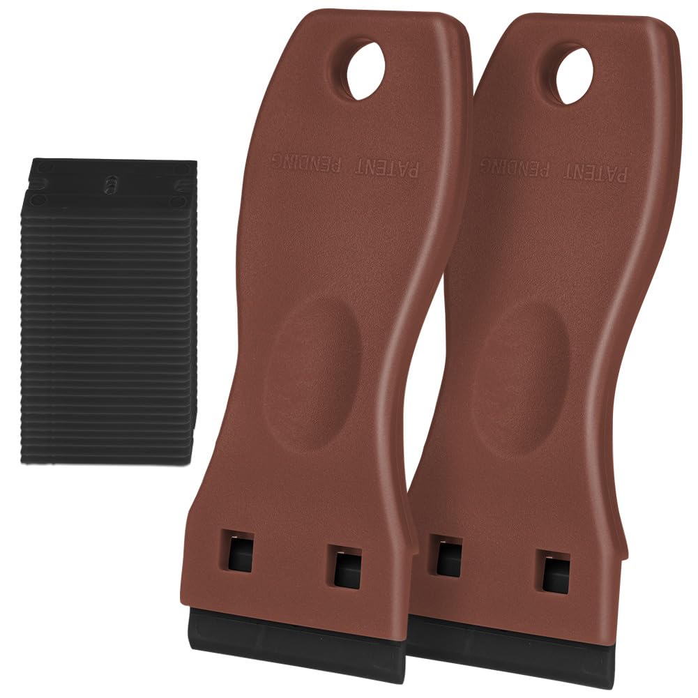 Flintronic 2PCS Plastic Scraper with 30PCS Plastic Blades, Window Scrapers Ceramic Glass Scraper Tool, Plastic Razor Scraper, No Scratch Cleaning Tool for Scraping Labels, Stickers, Glass, Dark Red