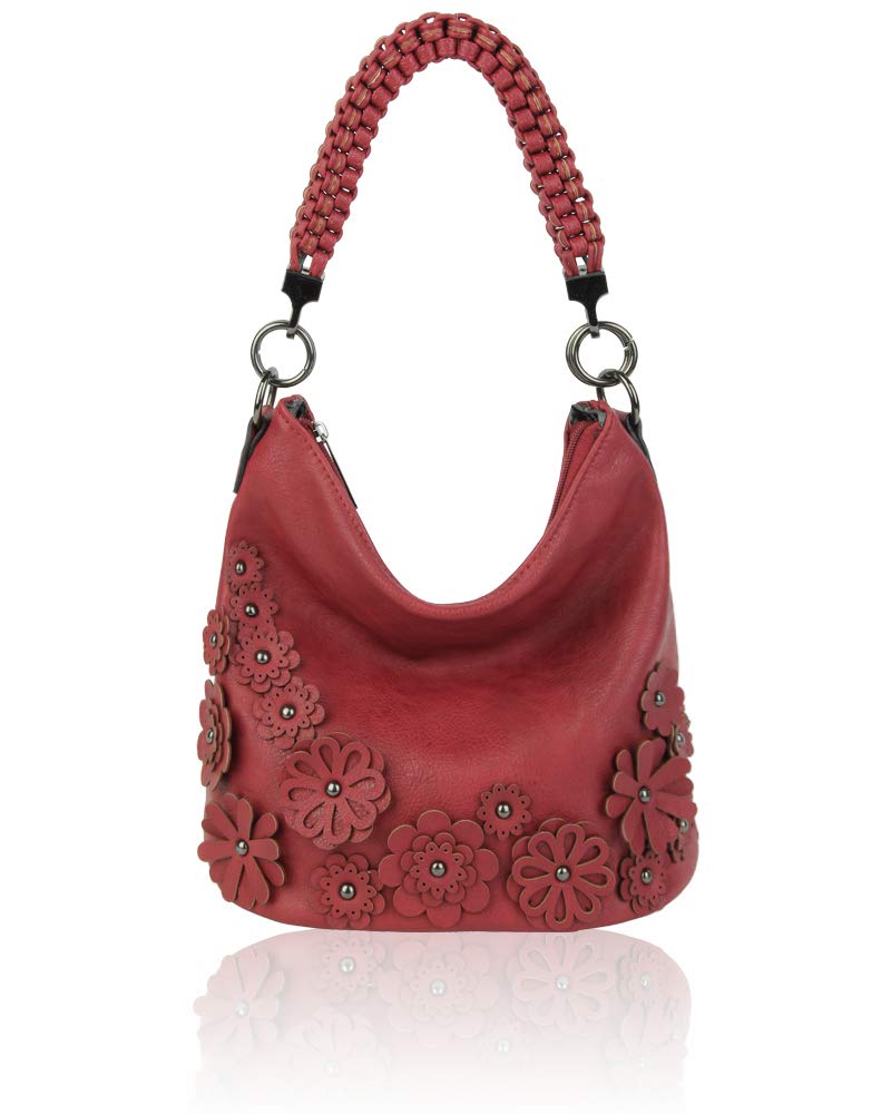 Redfox Womens Braided Handle Strap 3D Effect Floral Hobo Tote Bag/Shoulder Handbag (Wine Red)
