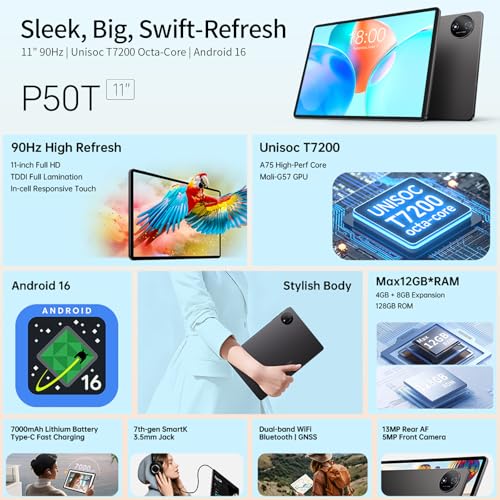 TECLAST P50T Tablet 11 Inch Android 16 Tablet 90Hz, 2GHz Octa-Core CPU, Gemini AI, 12GB RAM+128GB ROM(TF 5TB), 7000mAh, 5G WiFi, Widevine L1, GPS, 13MP+5MP/3.5MM/BT5/OTG, Tablets with Pencil, 2026