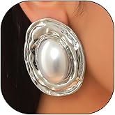 Vintage Pearl Earrings for Women Chunky Gold Geometric Oval Pearl Stud Earrings Exaggerated Textured Round Statement Earrings Trendy Jewelry Presents