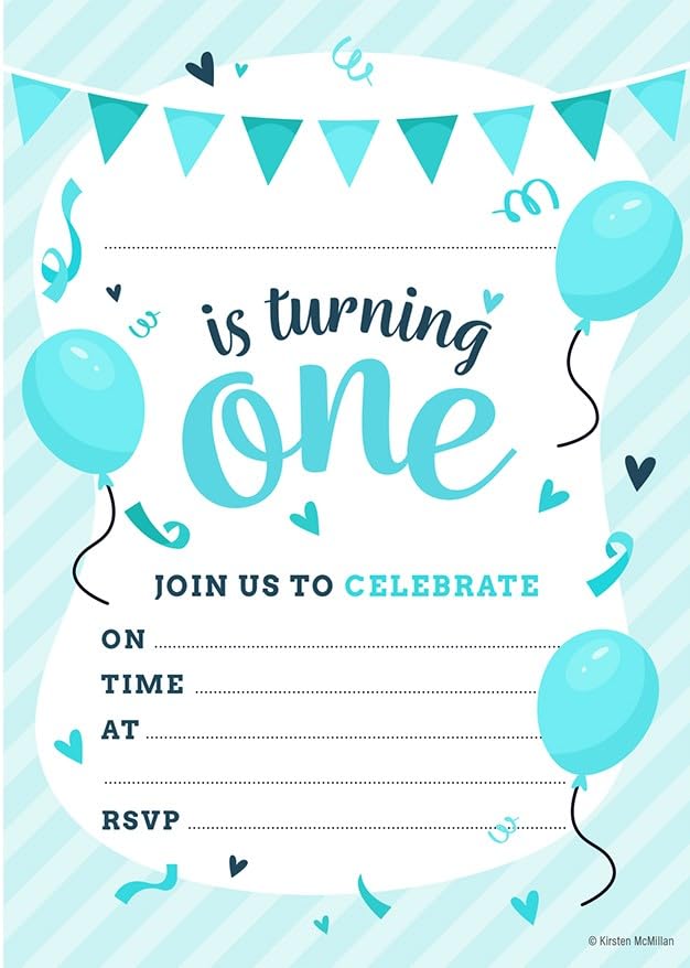 Kirsten McMillan 32 Blue 1st Birthday Party Invitations for Kids with Envelopes - Pack of 32 Balloon Party Invites for Girls & Boys - Designed and Printed in the UK