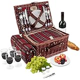 Wicker Picnic Basket | 4 Person Vintage Style Woven Willow Picnic Hamper with Blanket | Built-in Cooler | Ceramic Plates, Stainless Steel Silverware, Wine Glasses, S/P Shakers, Bottle Opener (Birch)