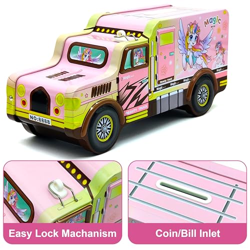 VGRASSP Unicorn Theme Metal Bus Piggy Bank Toy for Kids - Cute Money Safe with Lock and 2 Keys - Gullak Coin Box Gift for Boys and Girls - Color As Per Stock 3